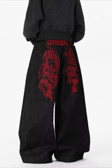 Red Dragon Embroidered Wide Leg Jeans