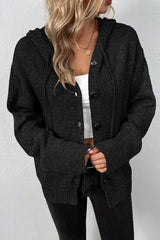Hooded Drawstring Button Front Knit Cardigan