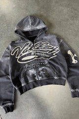 Washed Embroidered Graphic Zip Front Hoodie