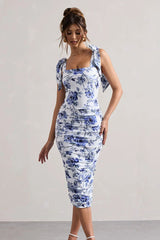 Vintage Print Ruched Midi Dress