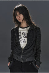 Black Pinstripe Belted Zip Up Hoodie