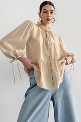 Sheer Puff Sleeve Tie Blouse