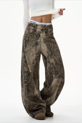 Leopard Washed Barrel Leg Streetwear Jeans