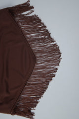 Cowl Neck Metal Accent Fringe Hem Halter Top
