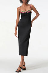 Satin Flower Embroidery Midi Dress