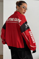 Letter Zip Moto Colorblock Coat