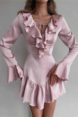 V-Neck Ruffled Tie Midi Dress