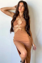 Midriff Baring Ruched Midi Dress