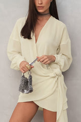 Beige V-Neck Wrap Mini Dress