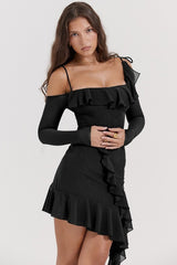 Ruffled One-Shoulder Bodycon Midi Dress
