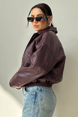 Washed Faux Leather Utility Bomber Jacket