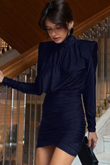 High Neck Navy Long Sleeve Bodycon Mini Dress