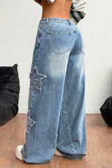 Frayed Star Applique Wide Leg Jeans