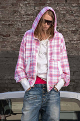 Pink Plaid Oversized Zip Up Street Hoodie