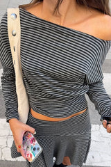 Striped Off Shoulder Long Sleeve Tee Asymmetrical Skirt Set