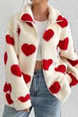 Fuzzy Heart Print Oversized Long Sleeve Zip Christmas Outerwear