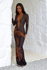 Deep V Cutout Printed Maxi Dress