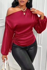 Satin Asymmetric Collar Ruched Waist Long Sleeve Tee