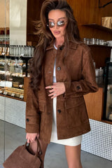 Suede Lapel Pocket Detail Coat