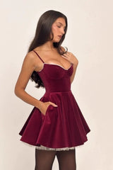 Elegant Sleeveless Cami Fitted Waist Mini Velvet Dress