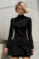 Black High Neck Ruffle Mini Dress