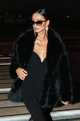Solid Collar Mid Length Faux Fur Coat