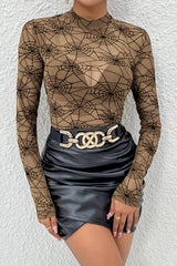 Spiderweb Print Mesh Mock Neck Top