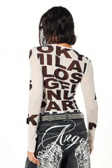 Oversized Letter Print Mesh Long Sleeve T-Shirt