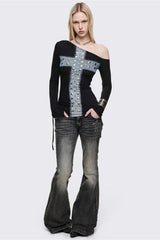 Rhinestone Cross One Shoulder Long Sleeve T-Shirt