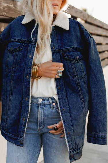 Fleece Lined Denim Bomber Jacket Dark Blue / S