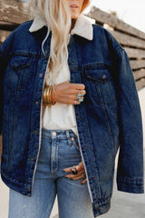 Fleece Lined Denim Bomber Jacket Dark Blue / S