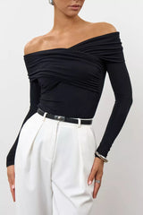 Ruched Cross Slim Bare-Shoulder Long Sleeve Tee