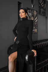 High Neck Ruched Split Midi Dress