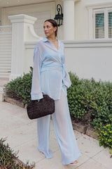 Sheer Polka Dot Shirt Wrap Skirt Pants Set