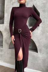 High Neck Ruched Split Midi Dress