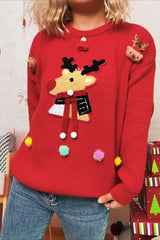 Christmas Cartoon Deer Knit Crew Patchwork Sweater