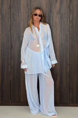 Sheer Polka Dot Shirt Wrap Skirt Pants Set