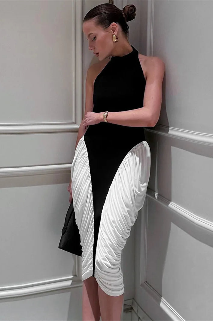 Patchwork Halter Midi Dress