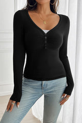 Button Detail Lace Trim V-Neck Long Sleeve Tee