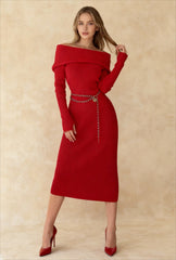 Long Sleeve Cotton Knit Bardot Collared Off Shoulder Sweater Dress