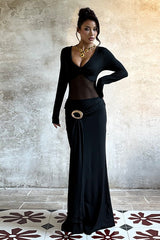 Deep V Mesh Panel Maxi Dress