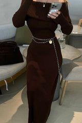 Long Sleeve Cotton Knit Bardot Collared Off Shoulder Sweater Dress