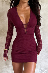 Lace Deep V-neck Long Sleeve Sexy Bodycon Mini Dress