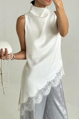 High Neck Asymmetric Lace Trim Mini Dress