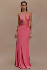 Deep V High-Waist Halter Backless Midi Silk Dress