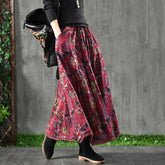 A-Line Pleated Autumn Floral Long Skirt with Pockets Red Skirts / One Size