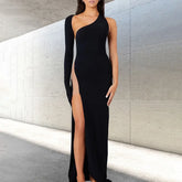 Asymmetric Slit Club Party Outfits Maxi Dress Black / S