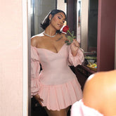 Elegant off the Shoulder Lantern Sleeve Pleated