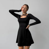 Black Slim Fit Slimming Knitted Square Collar Design Lace up Dress Office Split