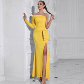 Diagonal Collar One Shoulder Long Sleeve Elegant Hip Solid Color Split Dress